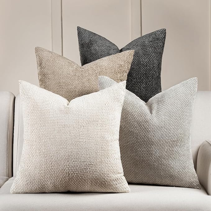 Volcanics Boho Throw Pillow Covers 20x20 Set of 4, Neutral Chenille Decorative