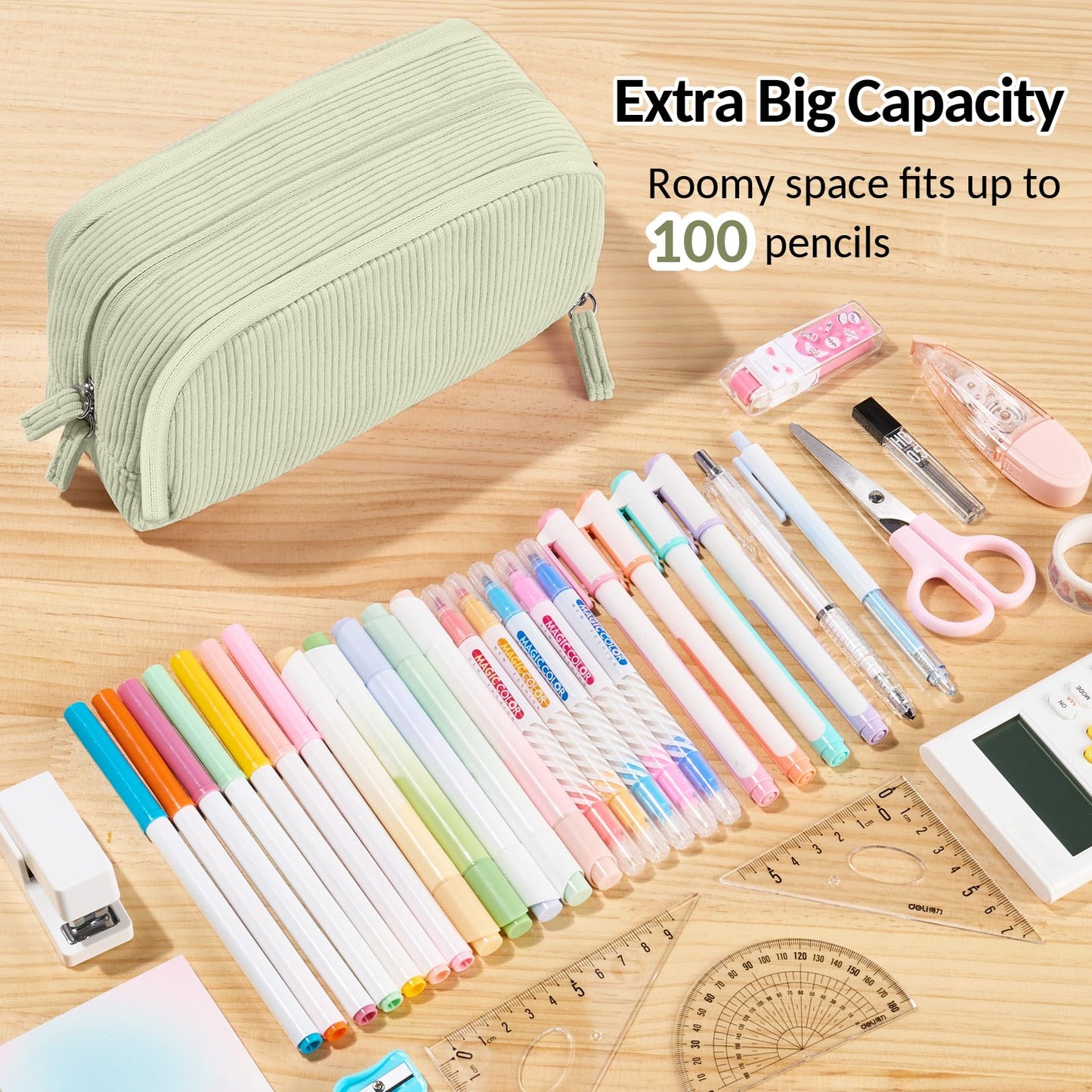 Sooez Big Capacity Pencil Case Pen Pouch, Soft Corduroy Pencil Bag with 3 Compartment, Multiple Pockets, Sturdy Zipper, Cute School Supplies Pen Bag Organizer For Teen Girls College, Green