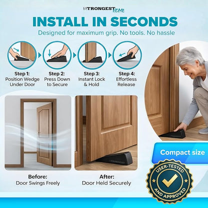 STRONGEST HOME Stoppers for Bottom of Door – Heavy Duty Metal Rubber Door Stopper, Non-Slip Door Stop for Heavy Doors, Works on Wood, Tile & Carpet Floors Wedge Black 4 PCs + 4 White Wall Protectors