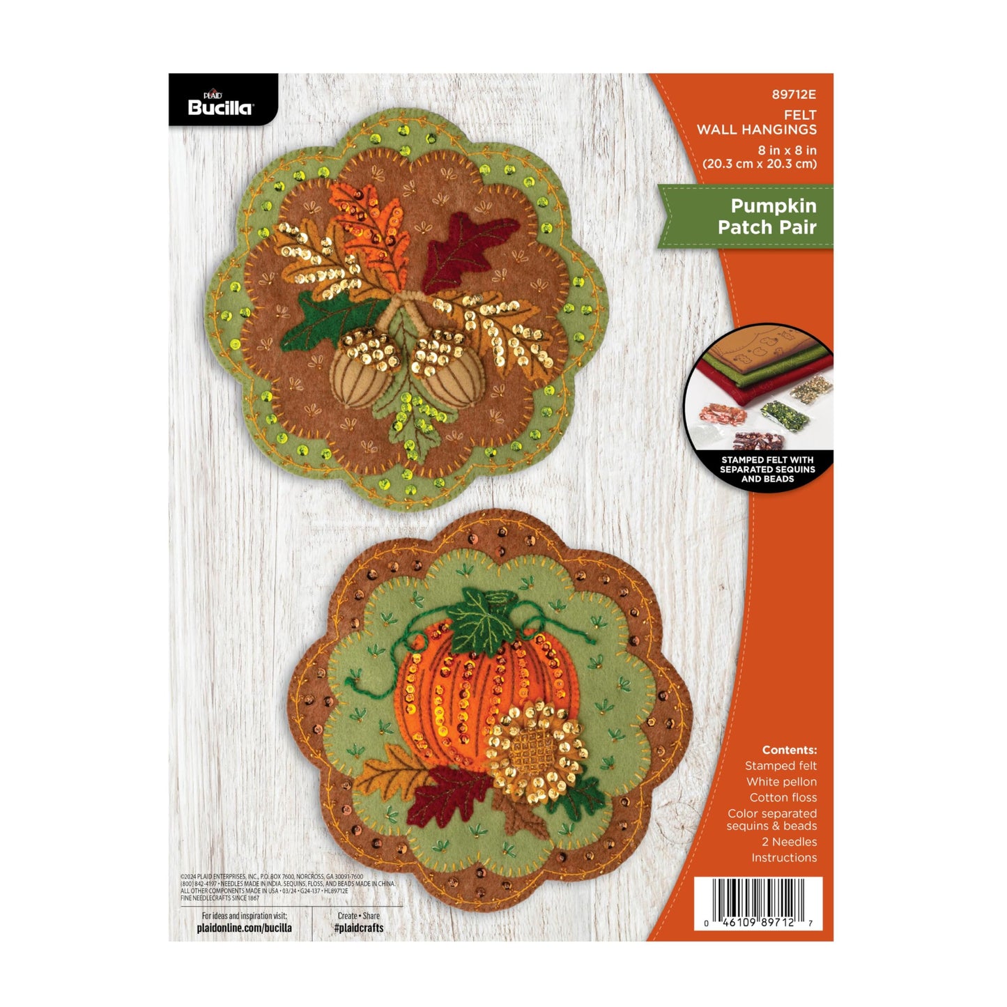 Bucilla, Felt Applique 2 Piece Wall Hanging Kit, Pumpkin Patch Pair, Perfect for Holiday DIY Arts and Crafts Projects, 89712E