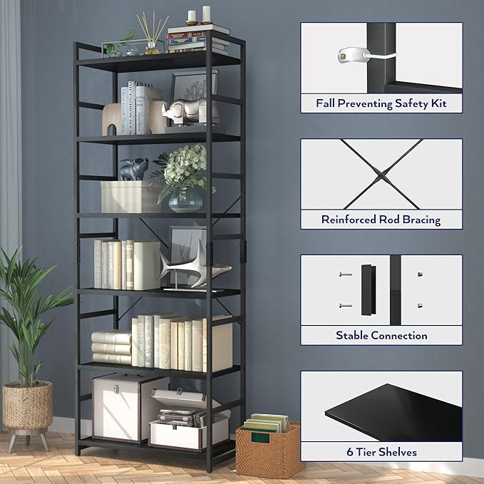 NUMENN 6 Tier Bookshelf, Tall Bookcase Shelf Storage Organizer, Modern Book