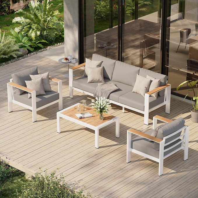 Aluminum Outdoor Patio Furniture Set with Coffee Table, 4 Piece Outdoor Conversation Sets with Washable Thick Cushions, Patio Sectional Furniture Set for Porch, Balcony, Deck, White