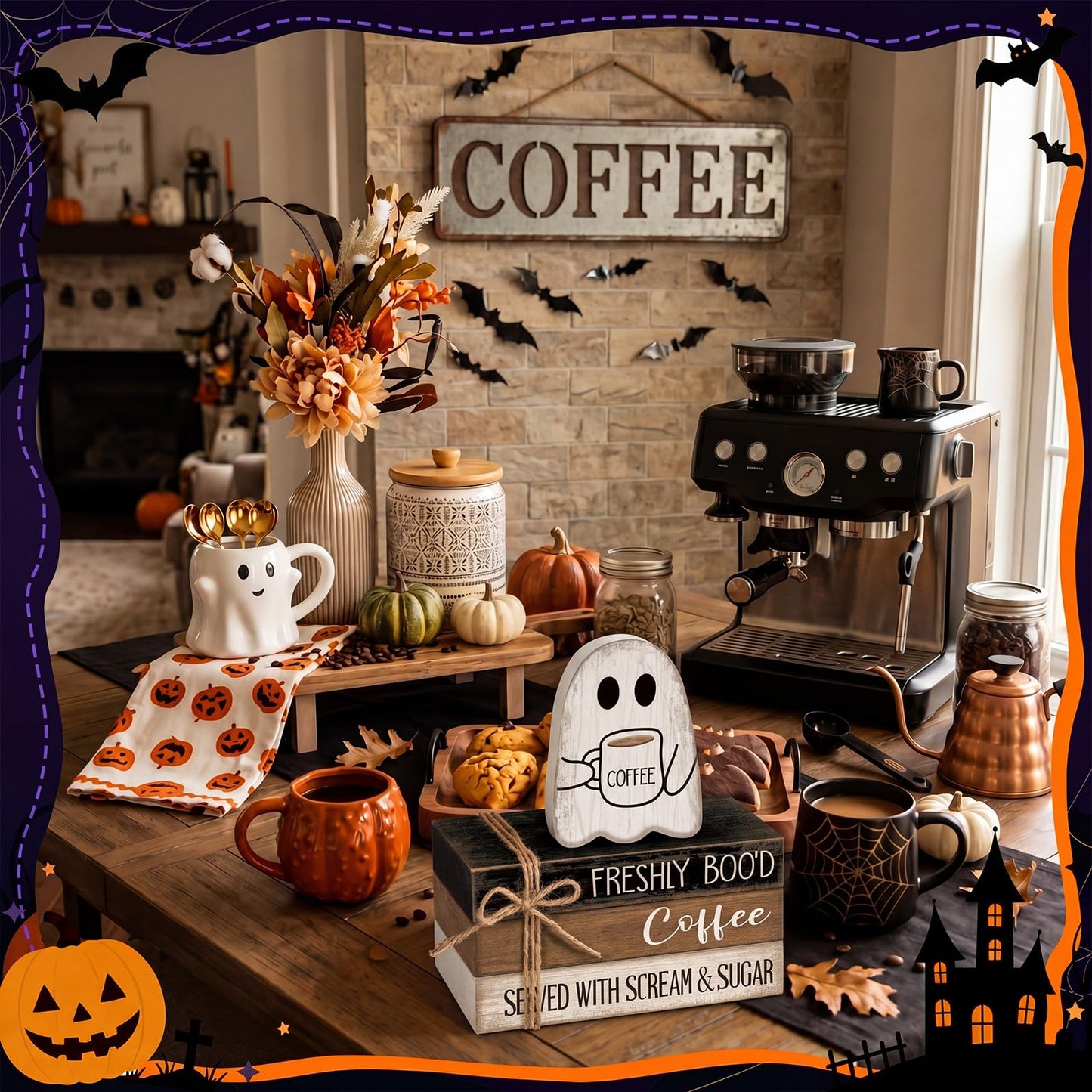 Anglechic 4 Pcs Halloween Table Decorations Halloween Ghost Tiered Tray Decorations Rustic Mini Ghost Coffee Wooden Books Centerpiece Signs for Farmhouse Office Shelf Tabletop Office Bookshelf