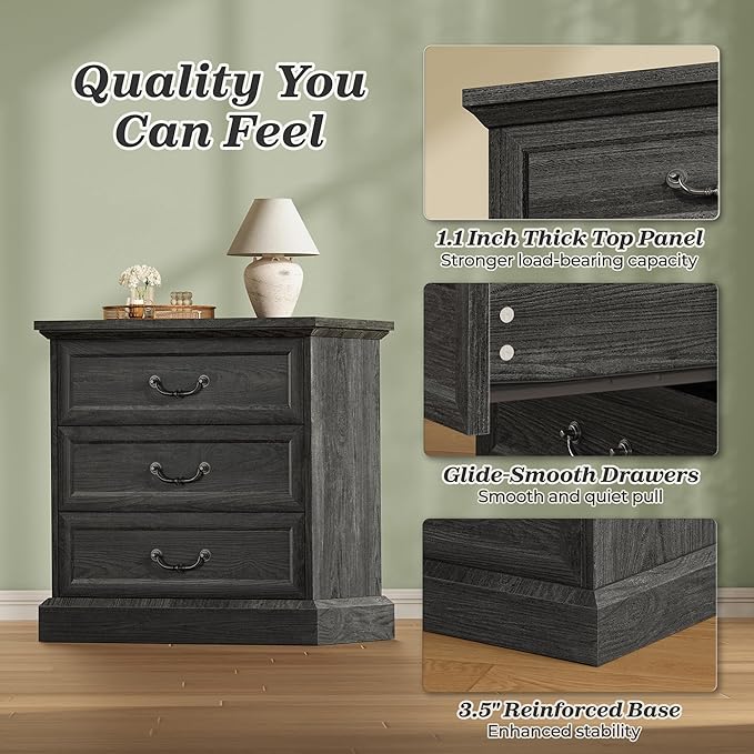 Huuger Nightstand with Charging Station, 3 Drawer Night Stand, 22 Inch Wider