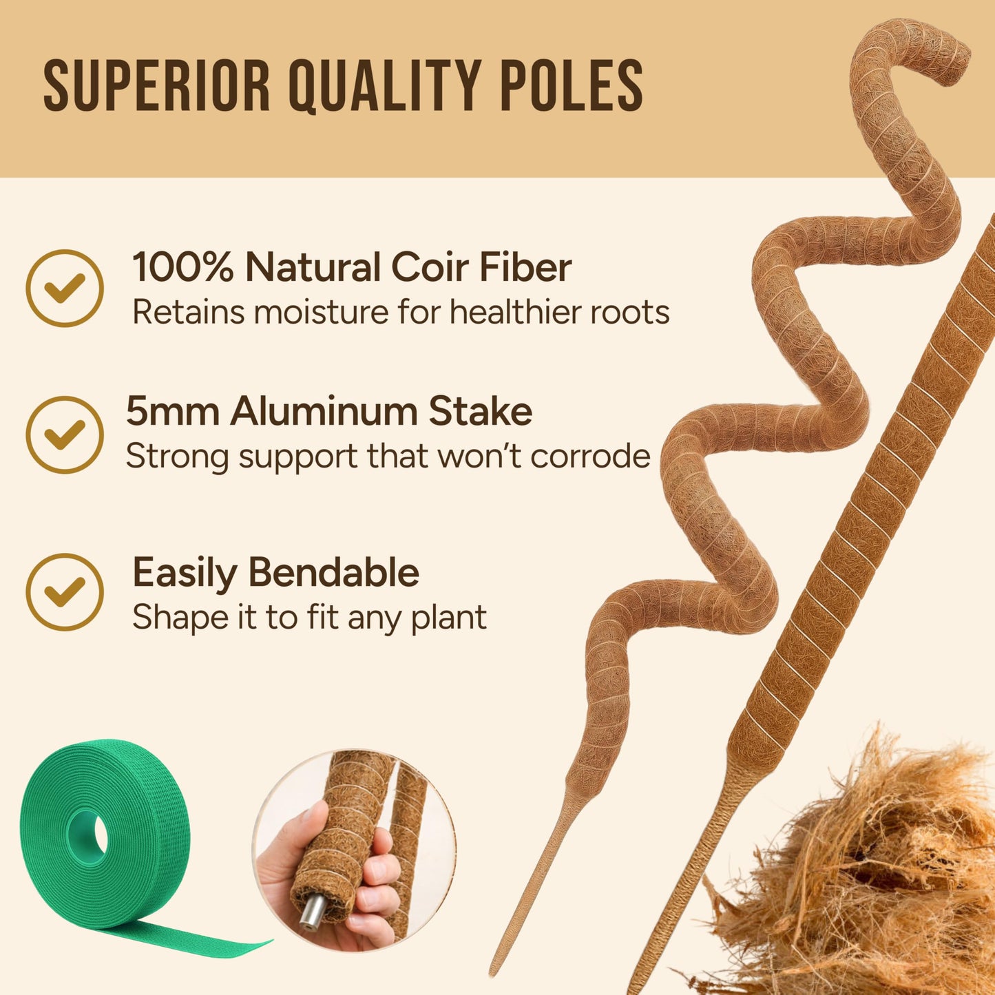 Craft911 Moss Pole Monstera Plant Support – 2 Pack 64” Bendable Moss Pole Monstera Plant Support, Plant Stakes for Indoor Plants, Tall Plant Sticks Support for Climbing Plants