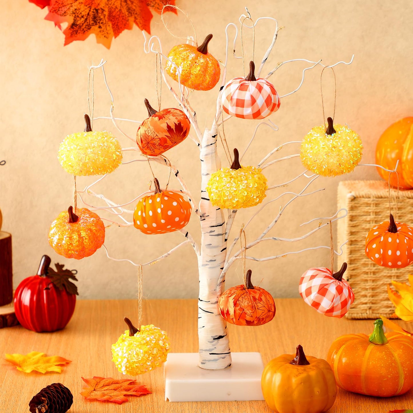 Libima 12 Pcs Thanksgiving Pumpkin Tree Ornament Fall Tree Decorations Hanging Mini Pumpkin Ball Decorations Farmhouse Ornaments for Autumn Thanksgiving Halloween Christmas (Cute)
