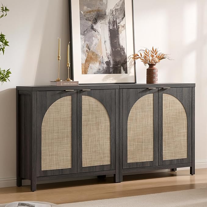 SICOTAS 102"W Rattan Sideboard Buffet Cabinet Set of 3, Modern Credenza Storage
