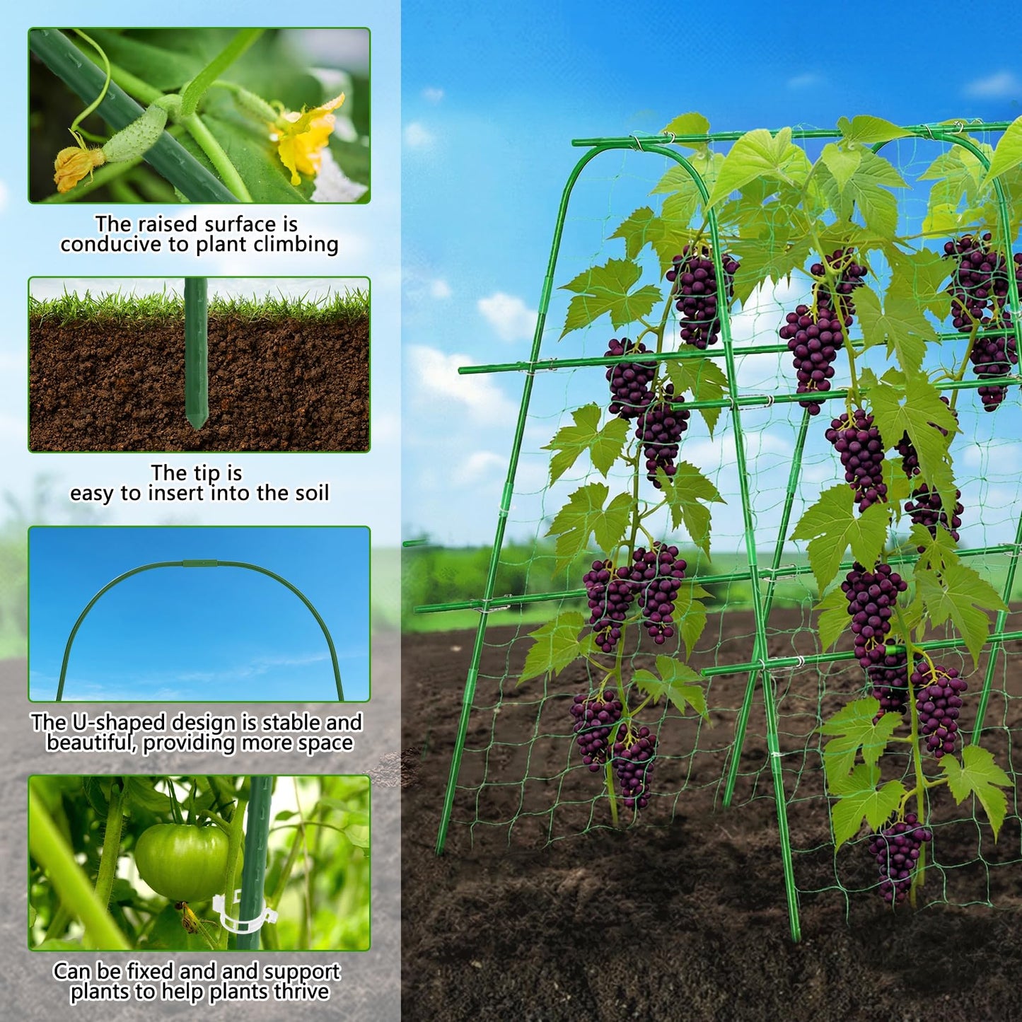 Unves Cucumber Trellis for Raised Bed, 63" x 63" Garden Trellis for Climbing Plants Outdoor, U-Shape Arch Cucumber Trellis Plant Grow Support Frame for Vine, Peas, Bean