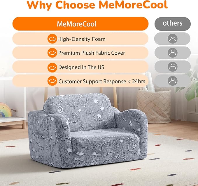 MeMoreCool Glow-in-the-Dark Dinosaur Kids Couch, 2-in-1 Foldable Kids Couch and