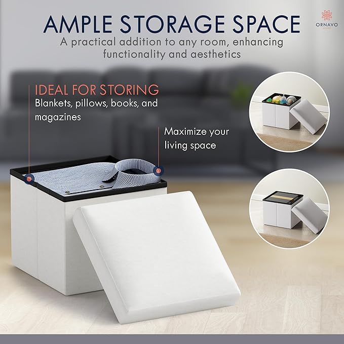 Ornavo Home Small Storage Ottoman Foldable Collapsible Cube Square Linen