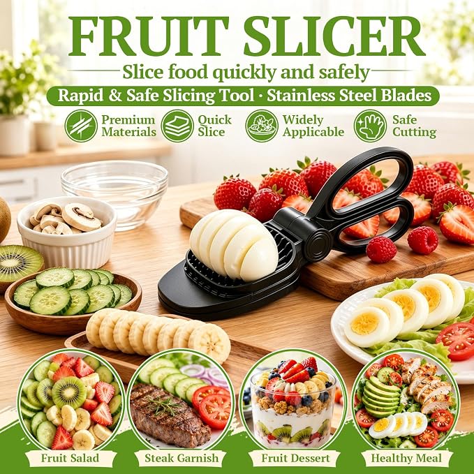NOVANO Fruit Slicer, Egg Slicer, Black | For Hard Boiled Eggs, For Strawberry, Banana, Kiwi, Stainless Steel Blades, ABS Material, Rapid & Safe Slicing