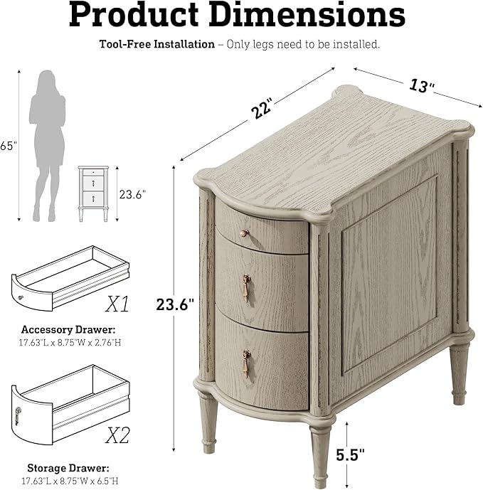 STO'SENSE Nightstand w/Charging Station & 3 Drawers, Pre-Assembled, Vintage