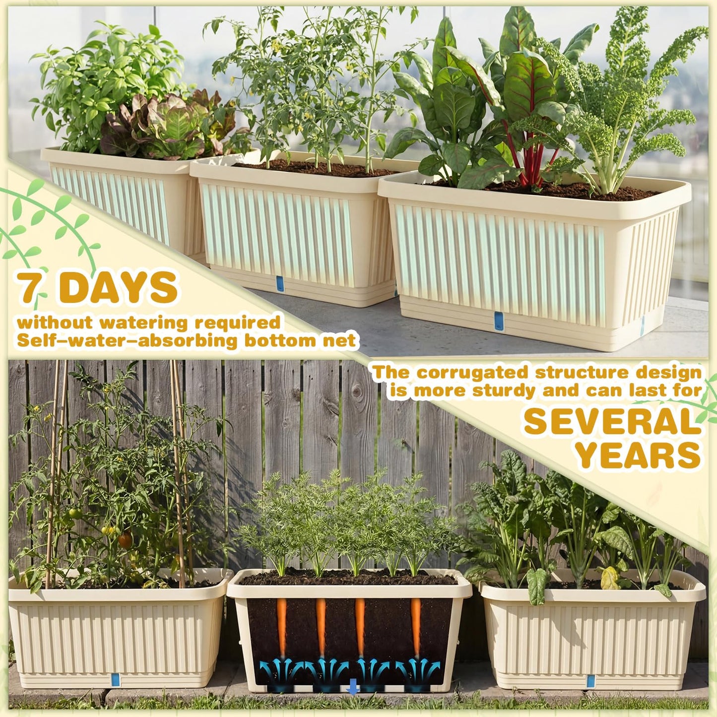 RimCereal 3 Pcs Large Planter Boxes Deep Rectangular Planter Boxes Outdoor Lightweight Plastic Planting Flower Pot with Drainage Holes Plant Pot for Patio, Courtyard, Lawn, Outdoor(Beige,20 Inches)