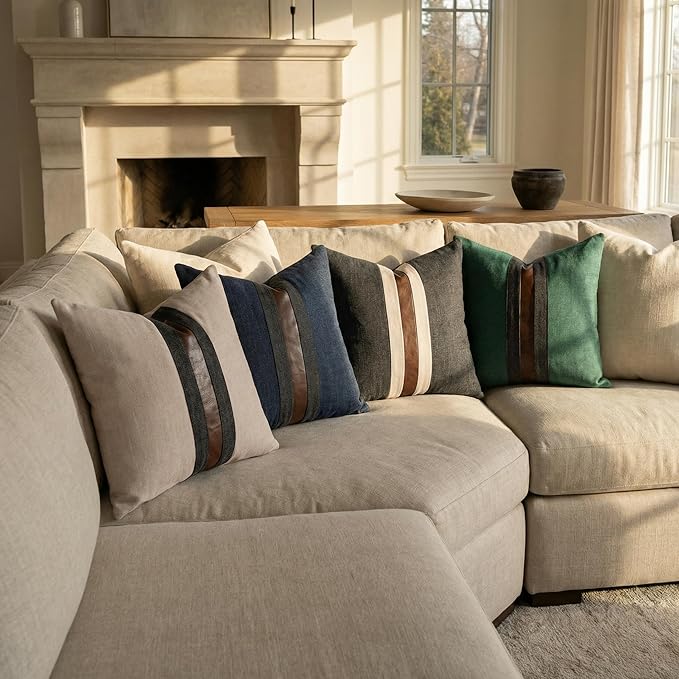 Set of 2 Leather Throw Pillow Covers Cotton Linen Decor Patchwork Pillow Cover