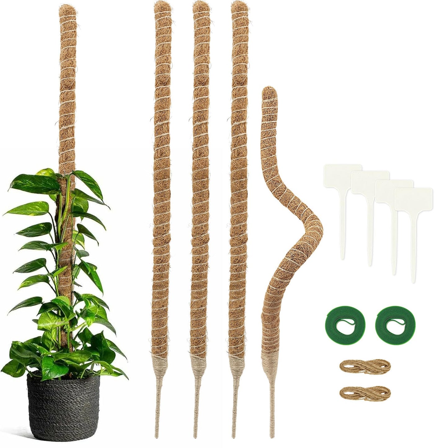 Deergo 4Pack 30 Inch Moss Pole, Bendable Moss Pole for Plants Monstera Coco Coir Plant Support Pole for Small Climbing Plants Grow Up, Brown