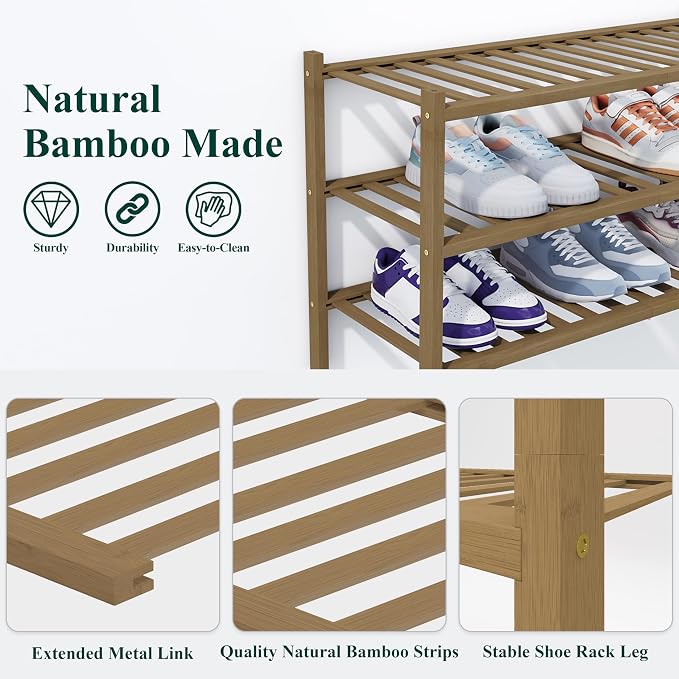 Smiry Bamboo Shoe Rack, 3 Tier Free Standing Wooden Shoe Organizer, Stackable Wood Shoe Storage Shelf for Closet, Entryway, 14 Vertical Slats, 2+1 Stack Heavy-Duty Legs, 26.8"x11"x19.5", Walnut