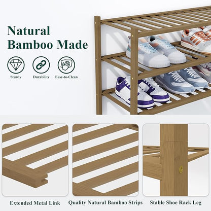 Smiry Bamboo Shoe Rack, 3 Tier Free Standing Wooden Shoe Organizer, Stackable Wood Shoe Storage Shelf for Closet, Entryway, 14 Vertical Slats, 2+1 Stack Heavy-Duty Legs, 26.8"x11"x19.5", Walnut