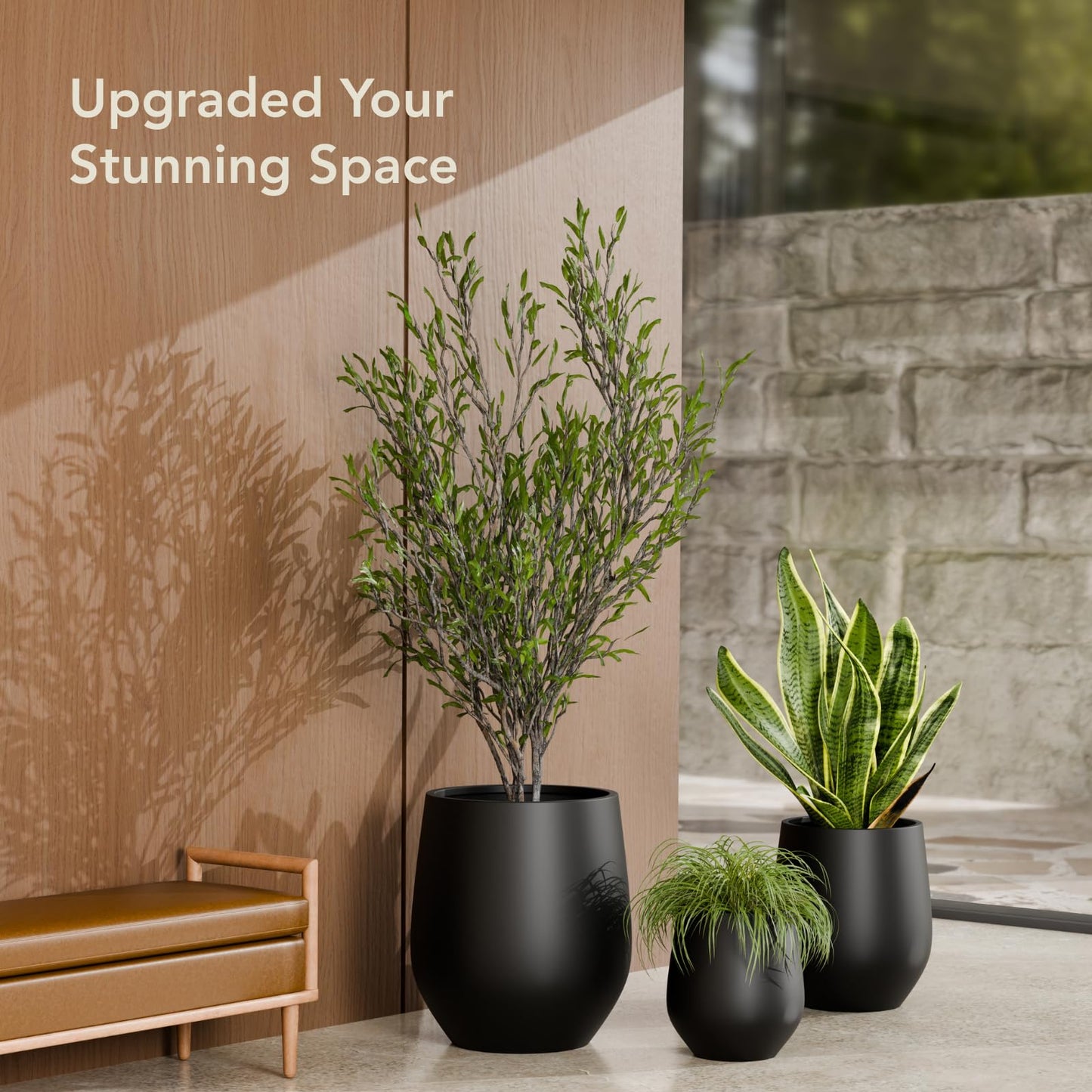 KUTE NEST 16.5" H x 15" D Premium Corso Fiberstone Round Tapered Planter with Drainage Hole, Weather Resistant for Indoor & Outdoor Use, Included 2 Extra Coco Mats (Black, 11.5" Pot Opening)