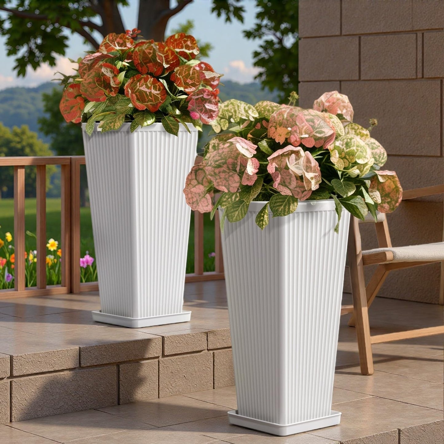 Diyfire Front Porch Planters Outdoor Set of 2, 24" Tall Plastic Planters for Outdoor Plants with Drainage, Extra Large Outdoor Planter Pots, Tapered Tall Planters for Front Door & Indoor Plants, White
