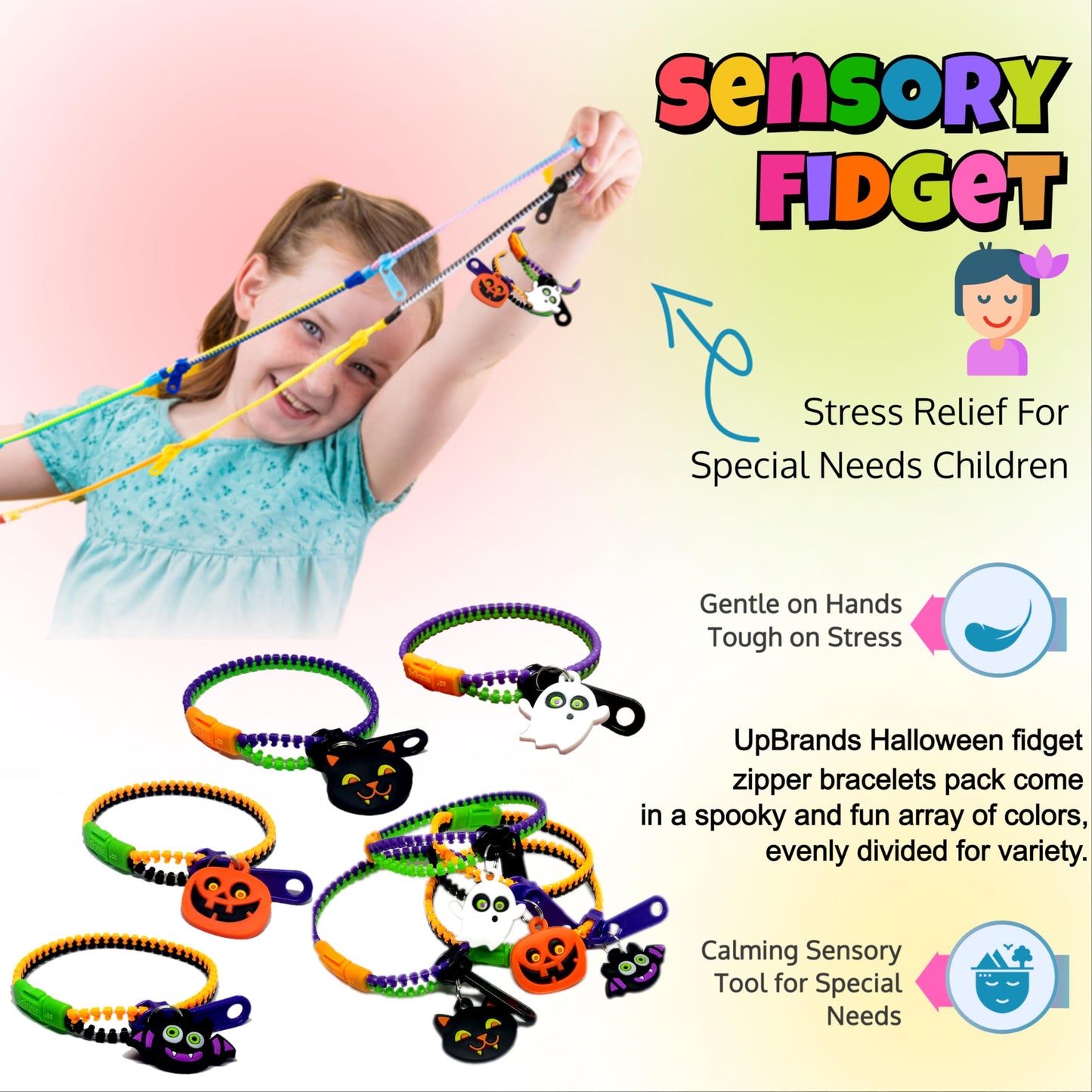 UpBrands 120-Pack Halloween Fidget Zipper Bracelets – Bulk Party Favor Toys for Kids, School Goodie Bags & Giveaways, Pinata Fillers