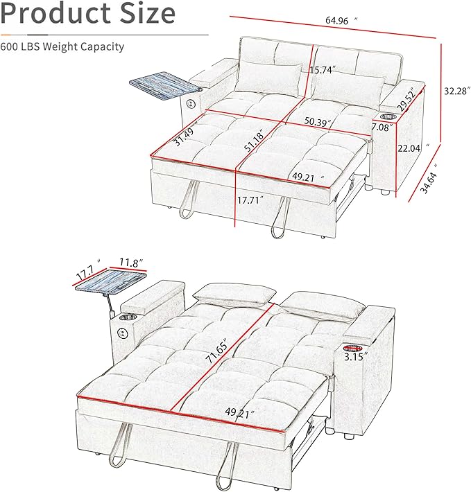 Auvsoce 65" 3-in-1 Pull-Out Convertible Sofa Bed