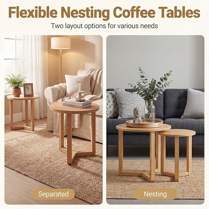 Tangkula Round Nesting Coffee Table Set of 2, Farmhouse End Tables
