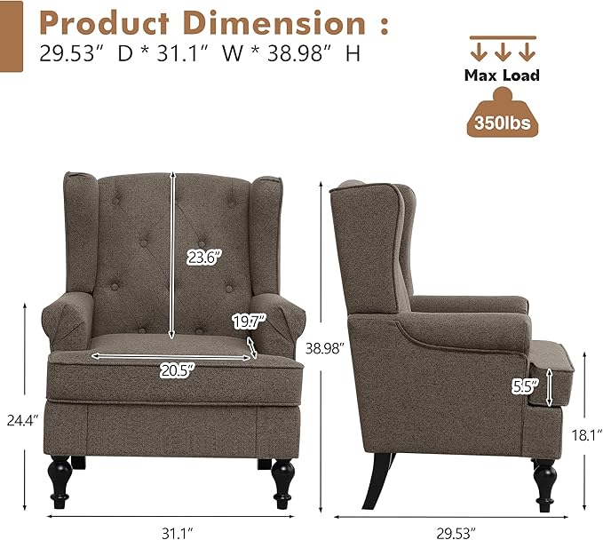 Accent Chair Set of 2, Mid Century Modern Fabric Wingback Chair, Upholstered