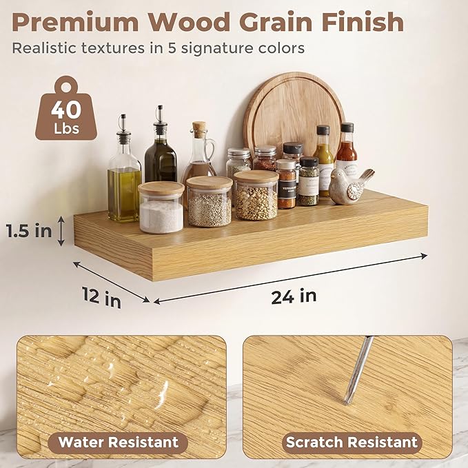 12 inch Deep Floating Shelves for Wall, 24 inch Wide Engineered Wood Wall