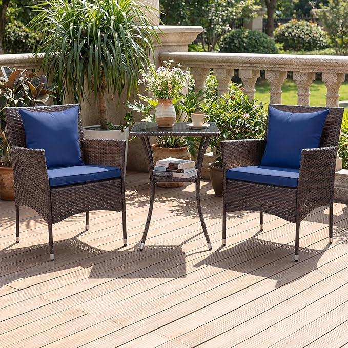 Tangkula 3 Pieces Patio Wicker Bistro Set, 2 Rattan Chairs w/ 2-Tier Tempered