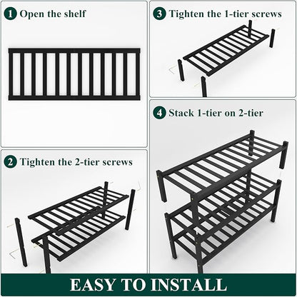Smiry Bamboo Shoe Rack, 3 Tier Free Standing Wooden Shoe Organizer, Stackable Wood Shoe Storage Shelf for Closet, Entryway, 14 Vertical Slats, 2+1 Stack Heavy-Duty Legs, 26.8"x11"x19.5", Black