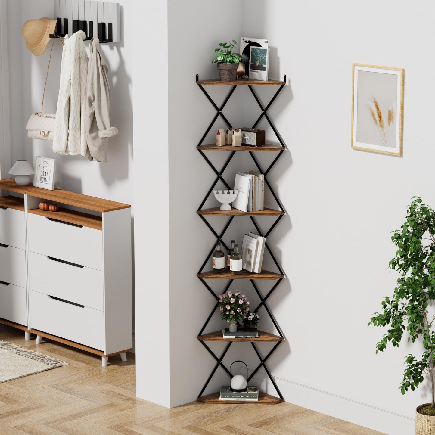 IRCPEN 6 Tier Wall Mounted Corner Shelf Stand, Industrial Corner Bookshelf with X Metal Frame, Tall Standing Shelf Organizer, Bookcase, Plant Stand for Living Room, Bedroom Rustic Brown CS-006RB