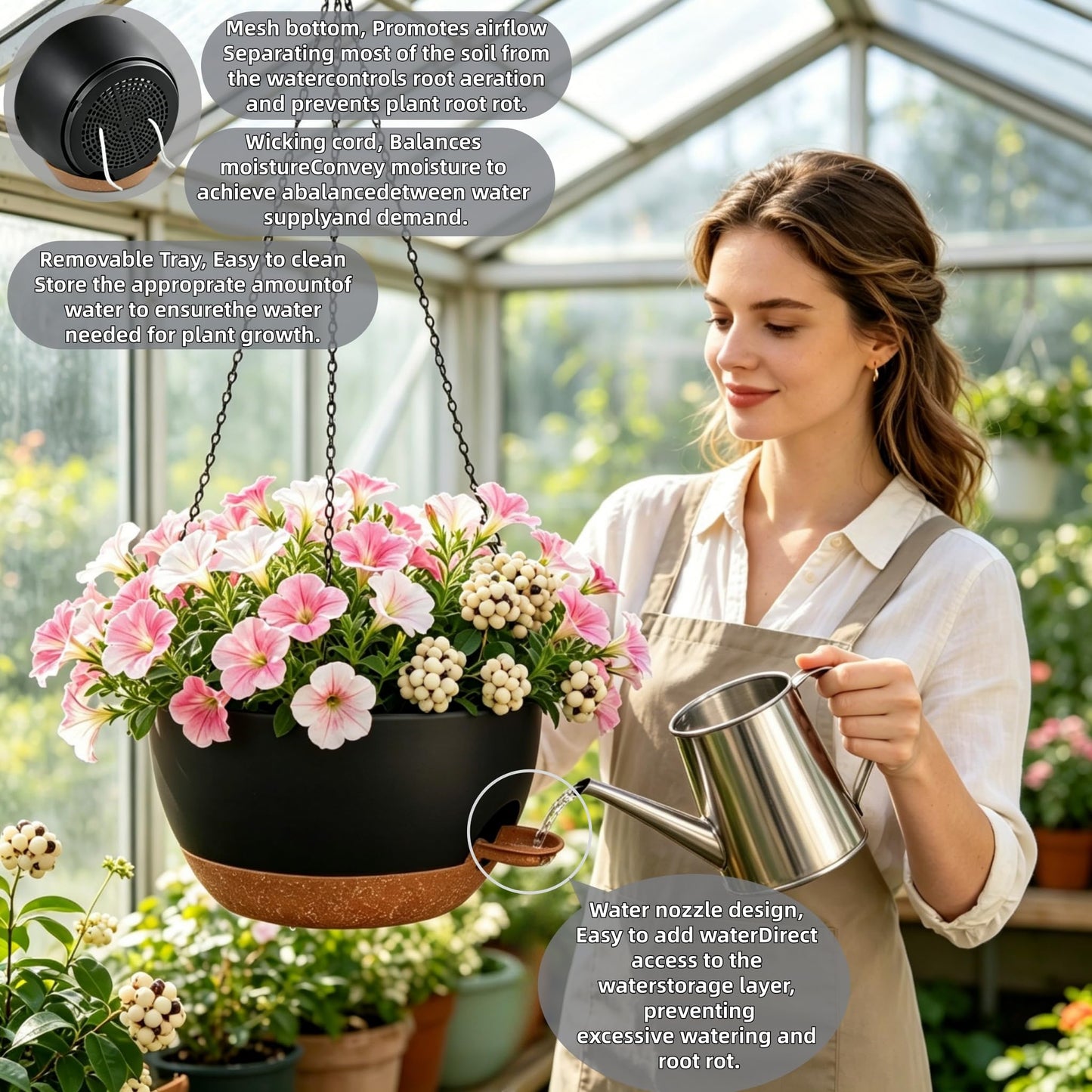 zople 2 Pack 12 Inch Self Watering Hanging Planters for Indoor Plants, Large Black Brown Plastic Hanging Pots with Chains for Outdoor Patio Garden Home Decor Black Brown