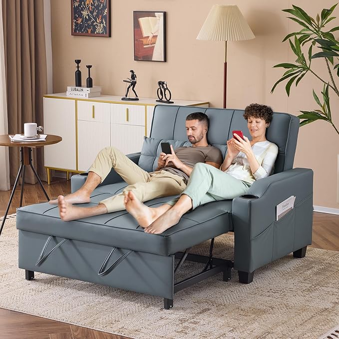 VINGLI Blue Grey Futon Sofa Bed Convertible Loveseat Sleeper Couch, Faux
