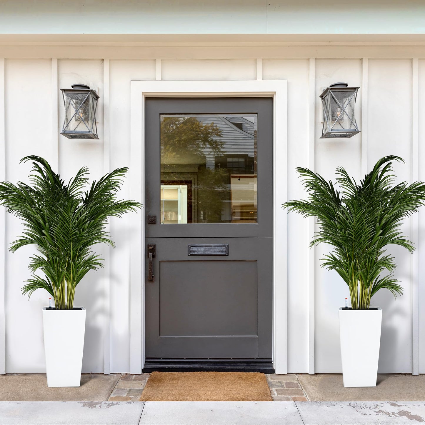 PeakPursuit 16" Tall Planters Set of 2, Outdoor＆Indoor Black Planter Pots, High Front Porch Planter Pots with Drainage Holes＆Water Level Monitor＆Inner Bucket, Automatic Watering, White