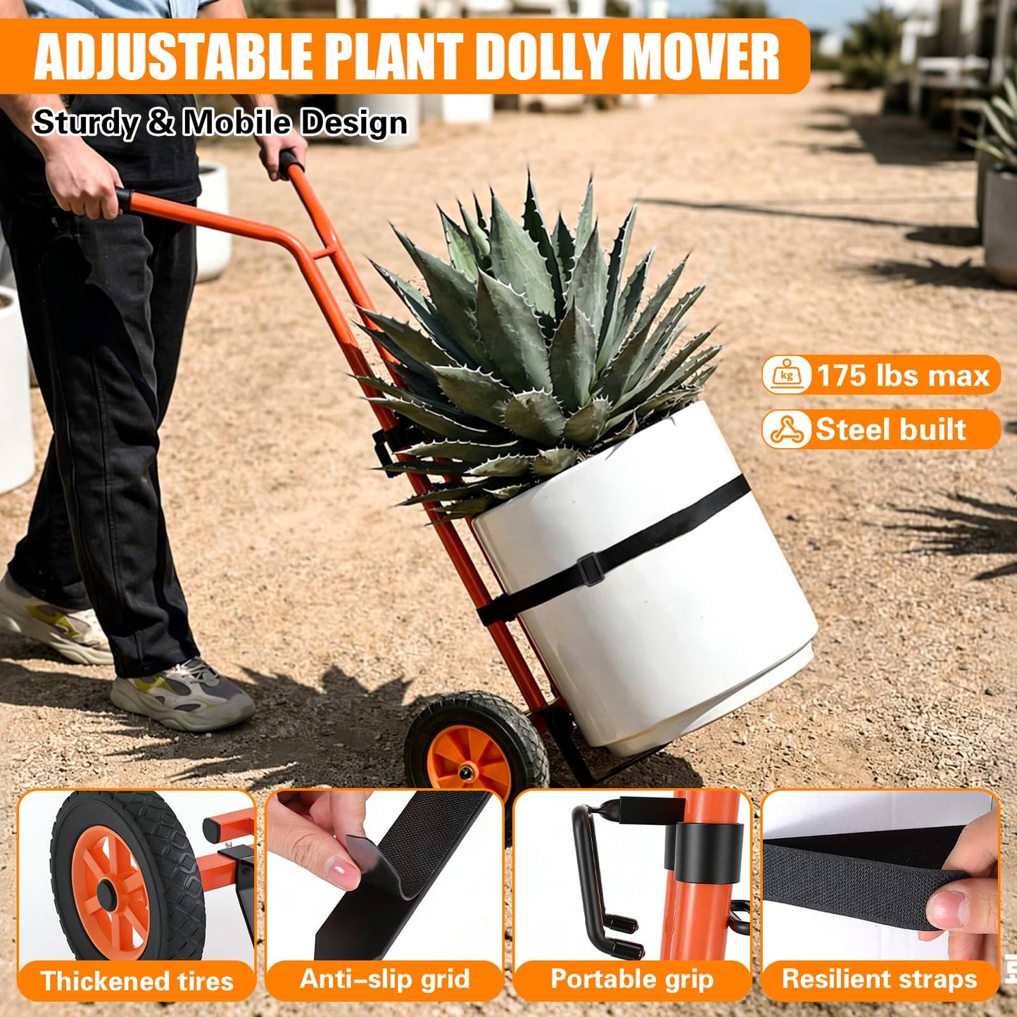 Plant Caddy with Wheels Heavy Duty Plant Dolly Cart with Non-Slip Silicone Grids Adjustable Arm, Straps, Suction Cup, Supports Plants Up to 175 lbs Indoor Outdoor T-Handle Plant Mover for Pots, Orange