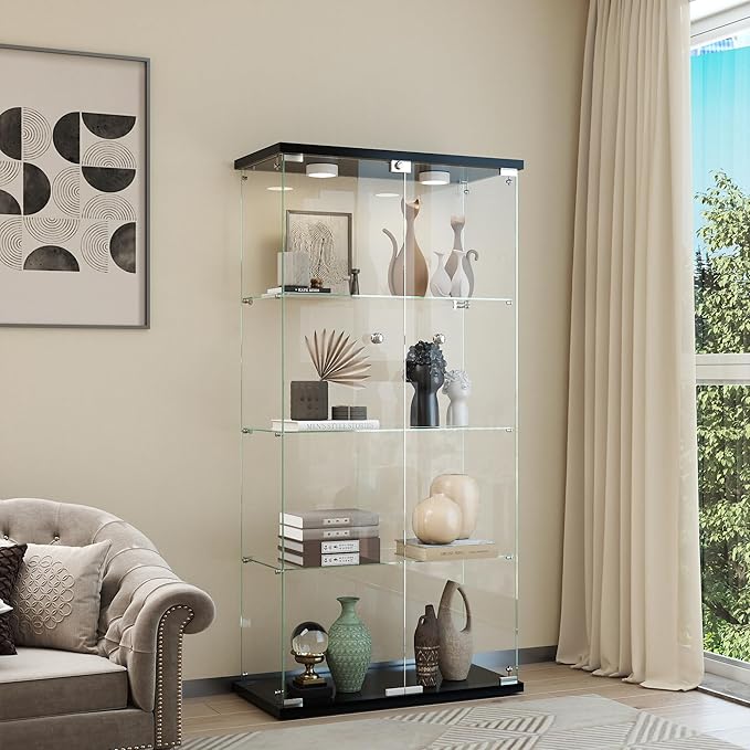 Display Cabinet with Light, Glass Door and Lock, 4-Shelf Fast Installation in