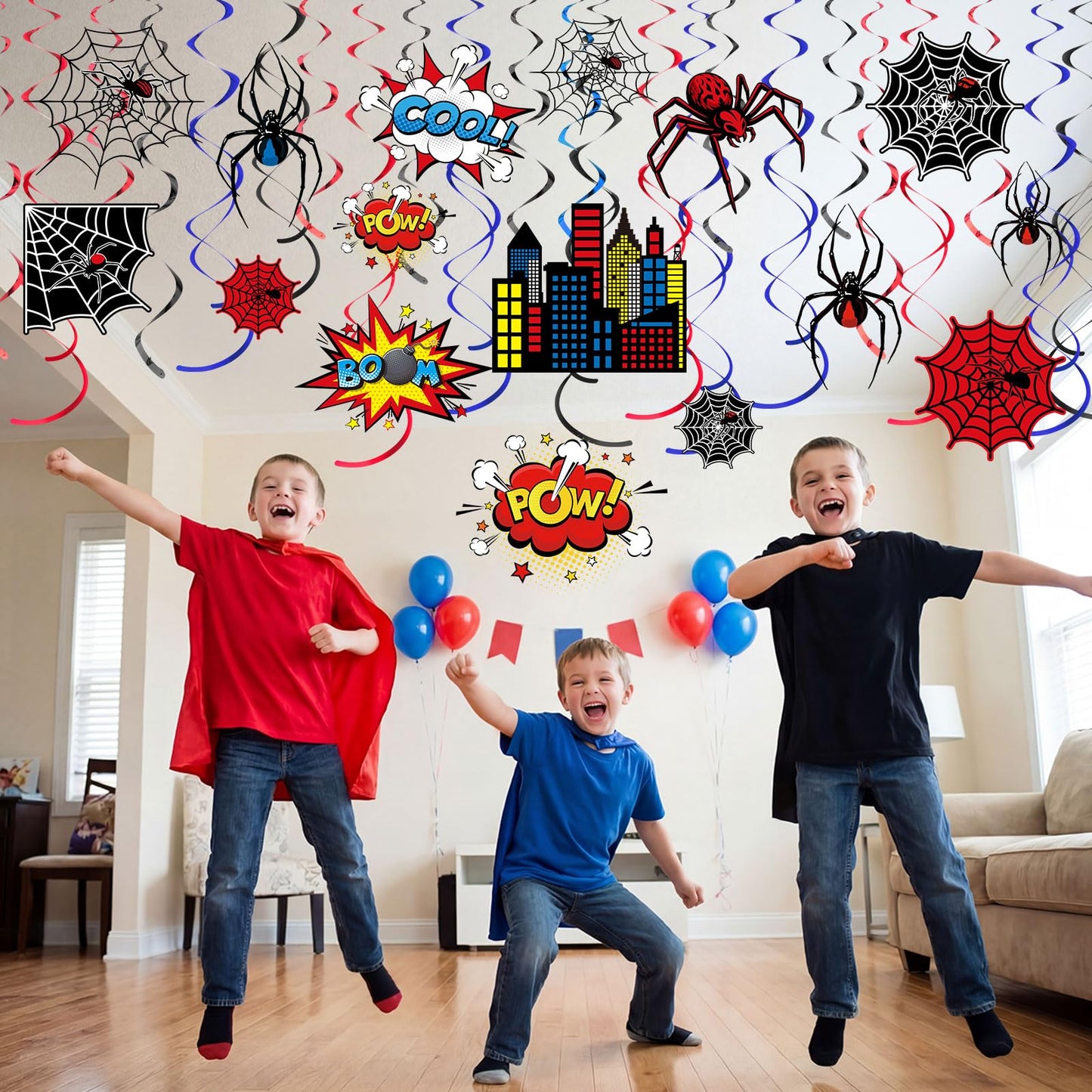Geyoga 54 Pcs Spider Party Hanging Decor Spider Birthday Hanging Swirl Cityscape Decoration Swirls Hero Decor for Hero Birthday Party Supplies Decoration