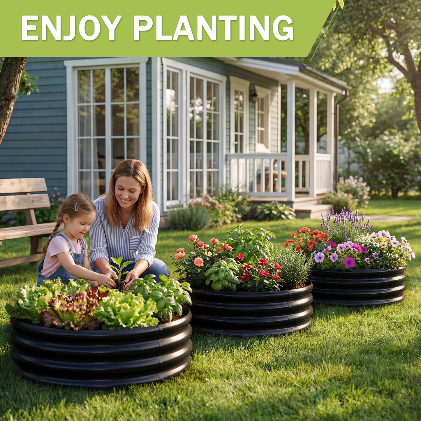 AHEONLAR 3 Pack 2x2x1 ft Round Galvanized Raised Garden Bed Kit Round Metal Flower Box Large Planter Raised Beds Outdoor Garden for Planting,Fruit,Herb Black