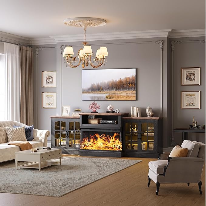97" Fireplace TV Stand with 36" Electric Fireplace, Farmhouse Entertainment