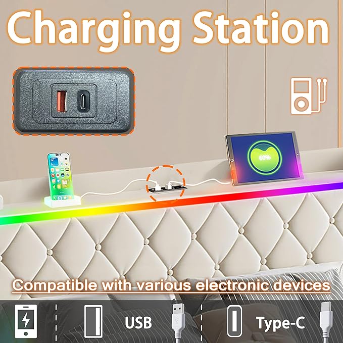 Modern Multi-Color LED Light Full Bed Frame