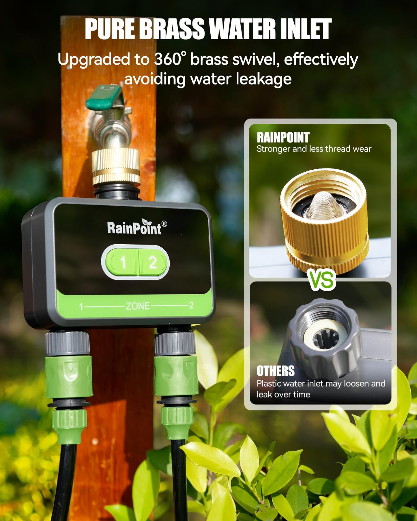 RainPoint WiFi Water Timer for Garden Hose with Brass Inlet, 2-Zone Smart Sprinkler Hose Timer, WiFi Irrigation Controller, Automatic Watering System for Lawns and Yard