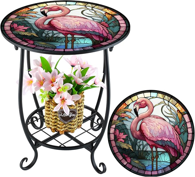 Cinnvoice Outdoor Side Table Round Small Mosaic Patio Accent Indoor End Plant