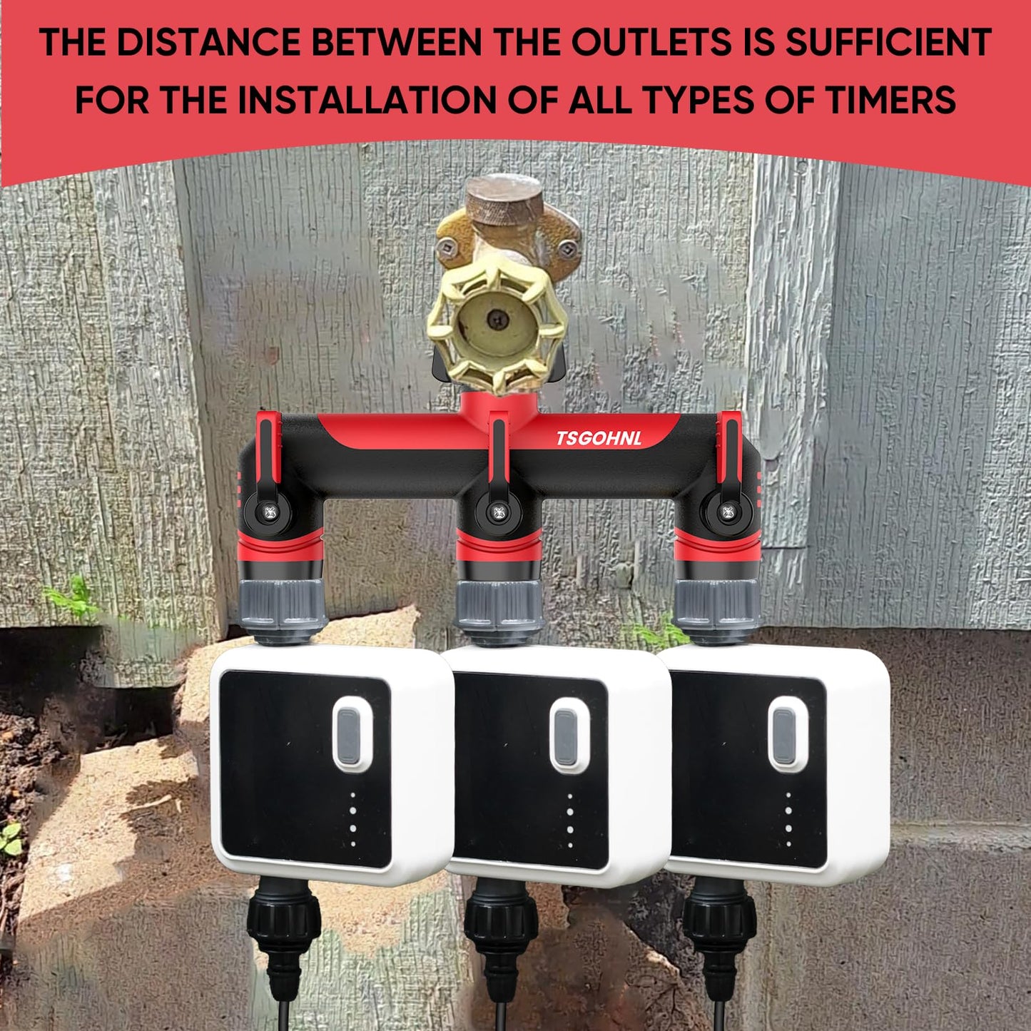 3/4-Inch Garden Hose Splitter, Outdoor Faucet Adapter, Patio Hydrant Manifold - Designed for Multiple Irrigation System Sprinkler Timers, 3-Way Hose Bib Valve-red
