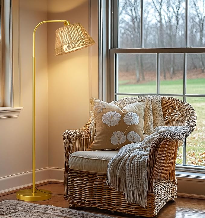 Oneach Arc Floor Lamp for Living Room, Rattan Boho Floor Lamp