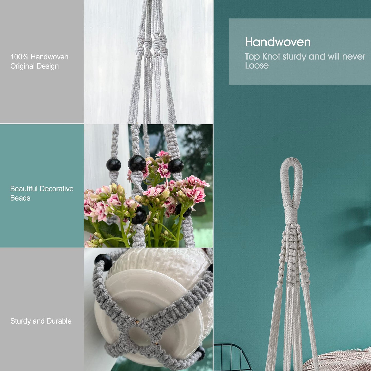 Macrame Plant Hanger for 5 to 10 Inch Plant Pots, Set of 2 Indoor Handmade 35 Inch Woven Rope Hanger Kits with Hooks and Wood Beads, Hanging Planter Basket Holder for Boho Home Decor (Grey, 2 Pack)