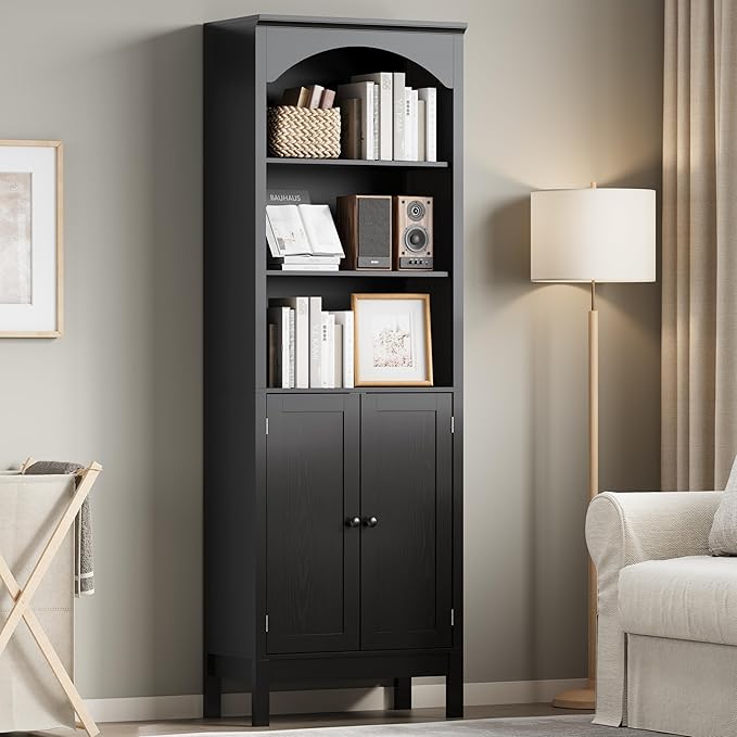 Bookshelf with Doors, Floor Standing Display Storage Cabinet