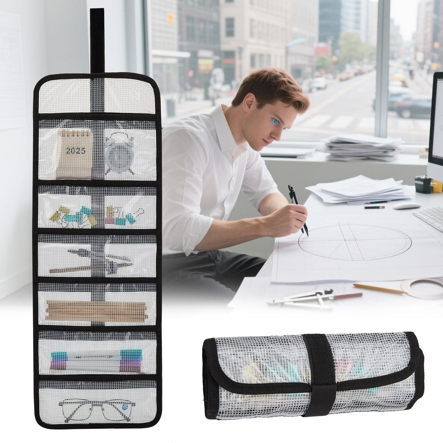 Small Roll Up Storage Bag, 6 Pockets Roll Up Tool Kit, Suitable for Mechanics, Kitchen Storage, Art Sketching, Travelling, Potter's Tools, Office Objects, Transparent and Visible, Space-Saving 2 Pack