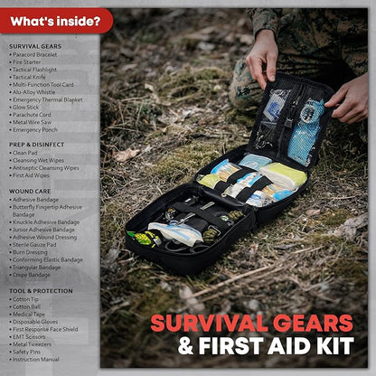 VLITEPRO 242 Piece First Aid & Survival Kit – Molle Pouch IFAK, 1000D Nylon, Color-Coded Compartments, Medical Kit for Camping, Boat, Hunting, Hiking, Home, Car/Home/Earthquake Emergency (Black)