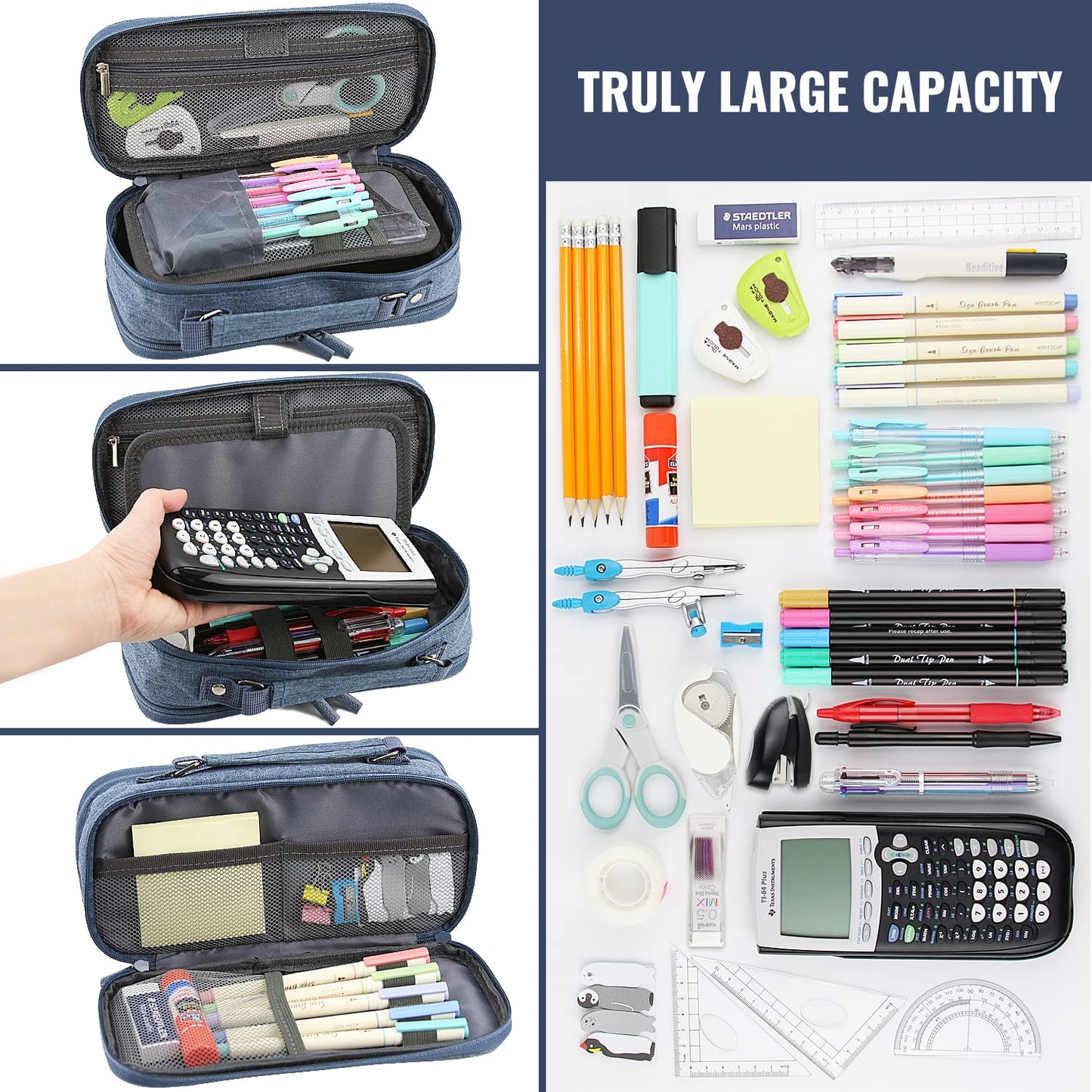 JOINPRO Large Capacity Pencil Case, 4 Compartment Pen Pouch Organizer with Double Zipper, Storage Bag for School, Office, Teen Girl Boy Men Women (Blue)