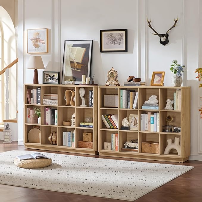 Joaxswe 12 Cube Storage Organizer, Wood Floor Standing 3-Tier Cubby Bookcase